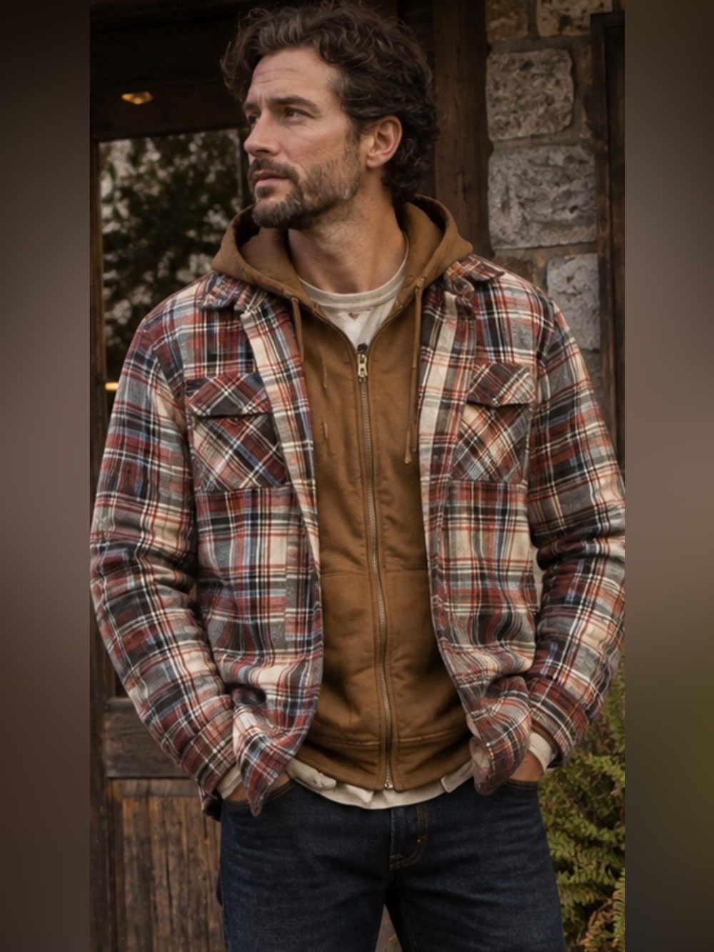 Legendary Whitetails Brown and Red Plaid Hooded Quilted Jacket Sz M